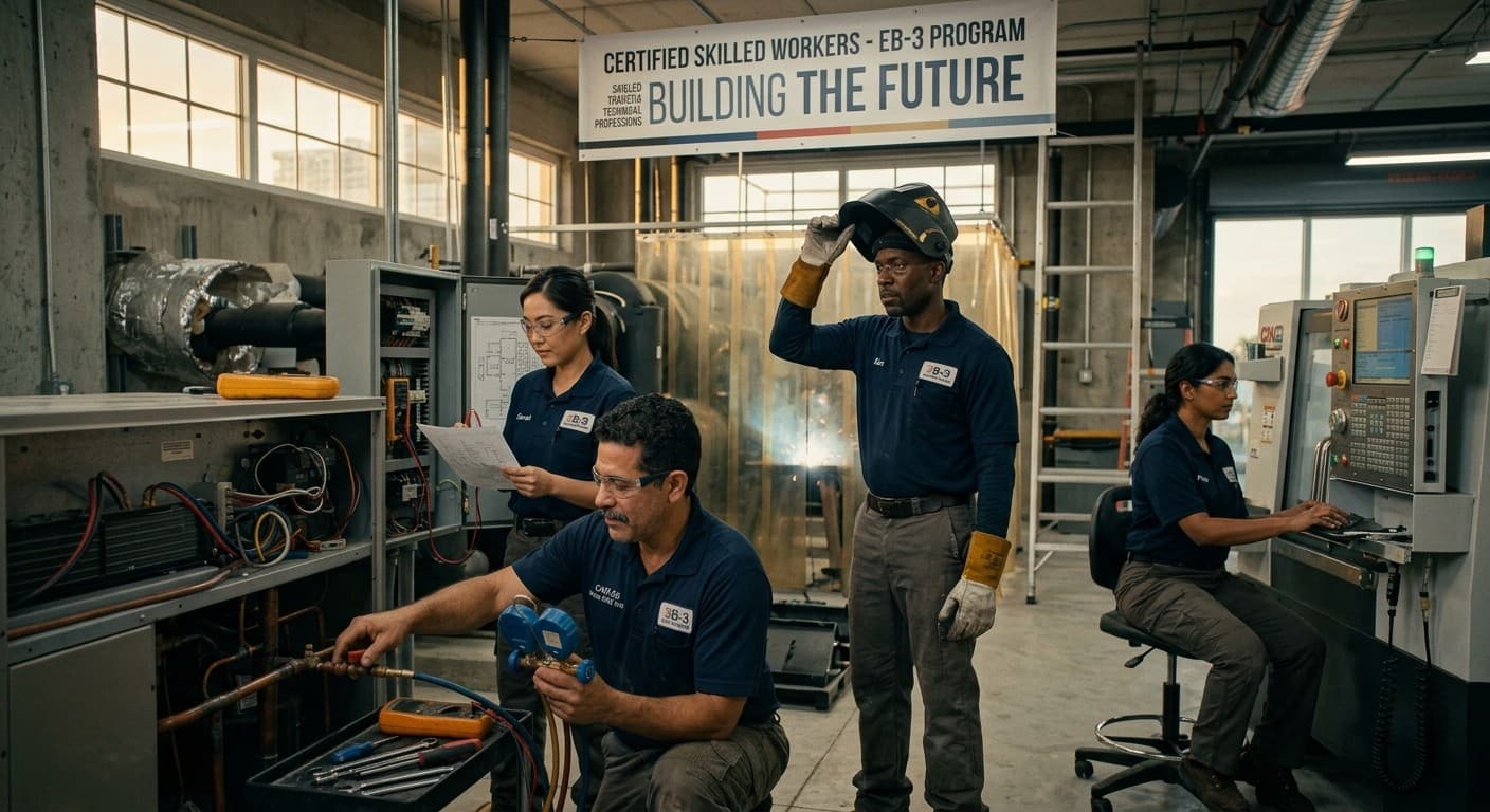 EB-3 skilled workers in a training workshop: an HVAC technician, an electrician reading a schematic, a welder, and a CNC machine operator