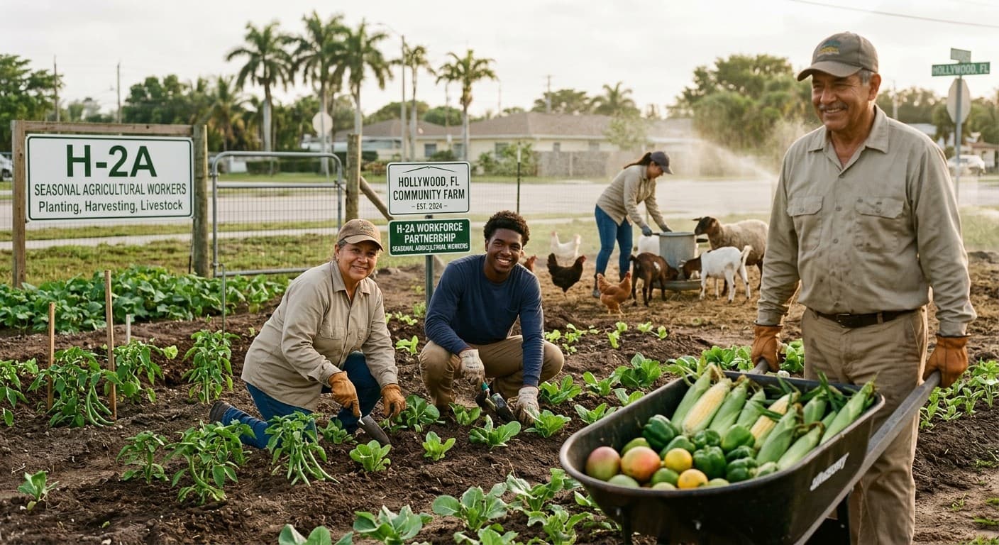 H-2A seasonal agricultural workers planting seedlings, tending livestock, and wheeling a barrow of harvested corn and peppers on a community farm