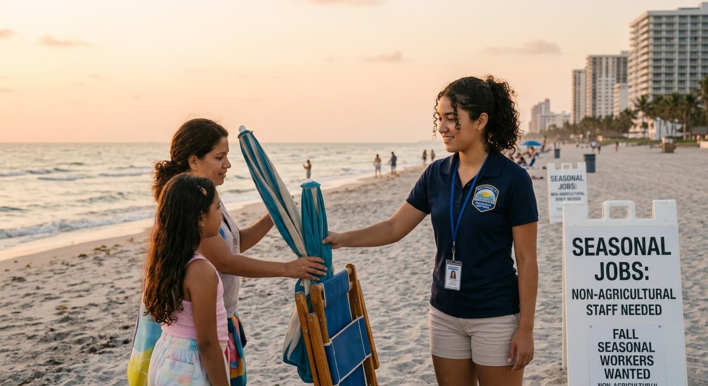 An H-2B seasonal beach attendant handing a rental umbrella and chair to a mother and daughter at sunset