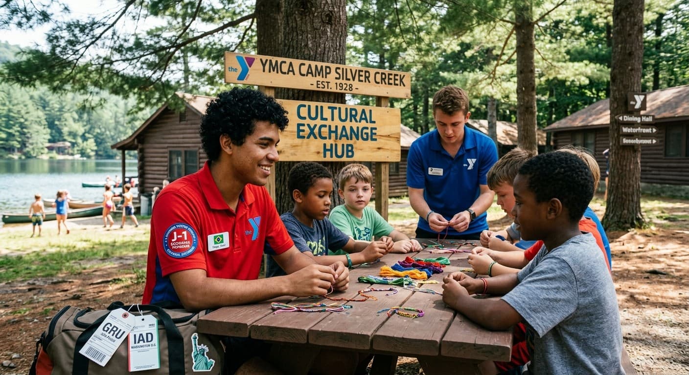 A J-1 camp counselor making friendship bracelets with children at a YMCA summer camp