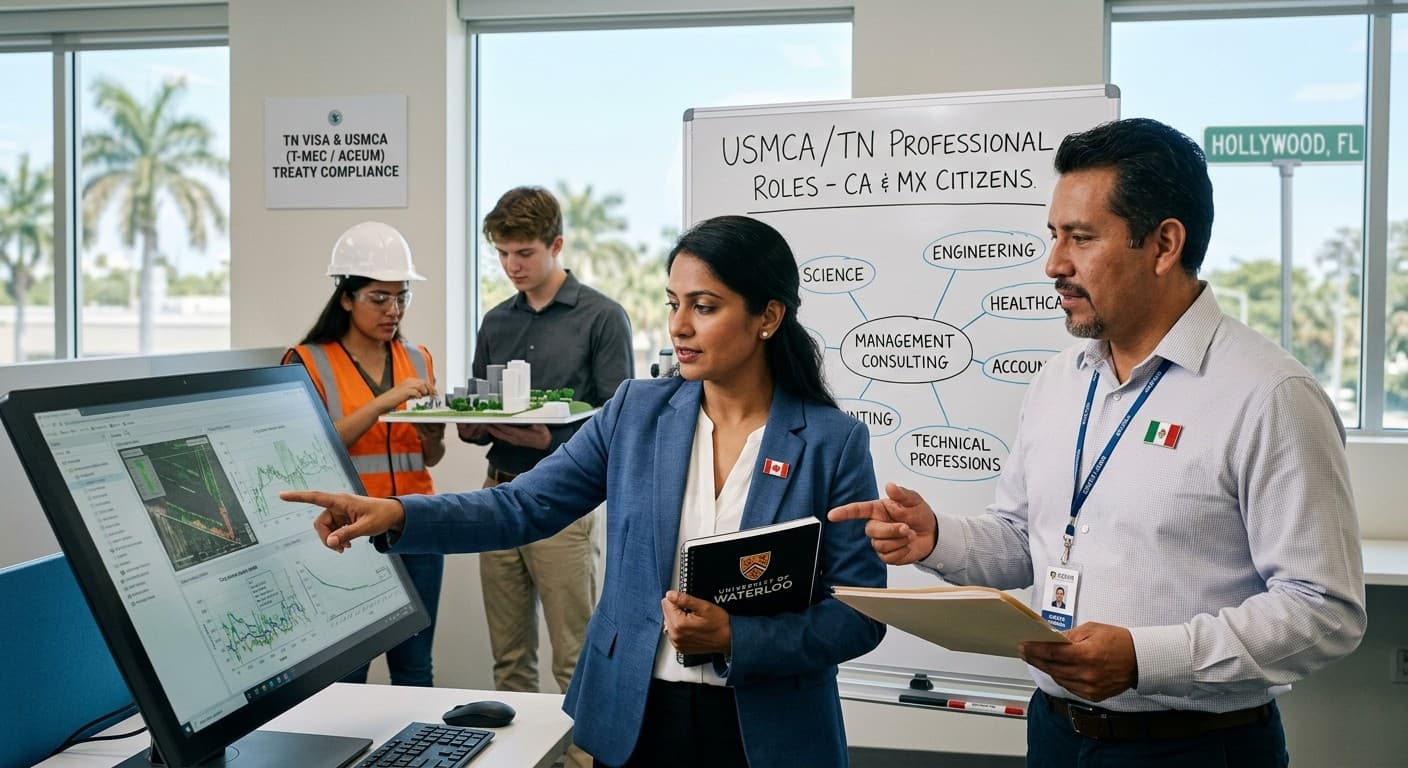Canadian and Mexican TN professionals reviewing engineering data on a monitor beside a whiteboard of USMCA professional categories
